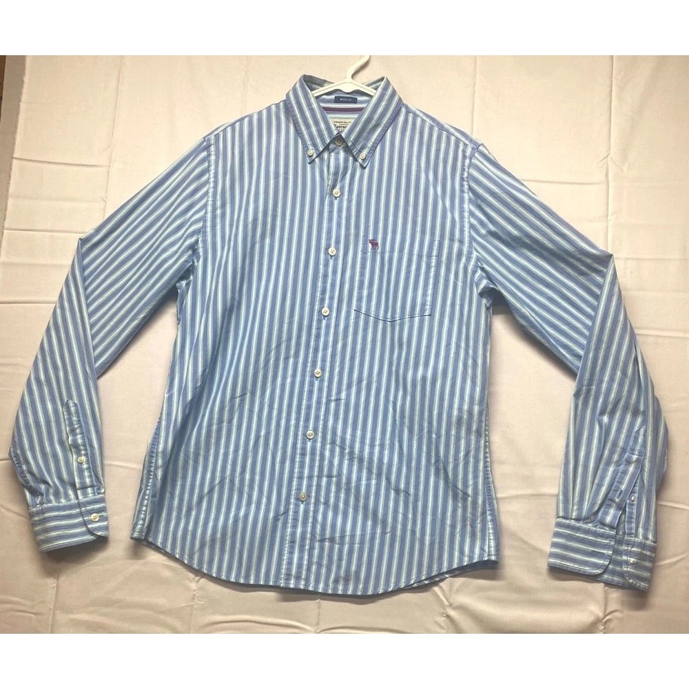 Abercrombie & Fitch Co Muscle Fit Mens Shirt XL Blue Cotton Striped Button Down